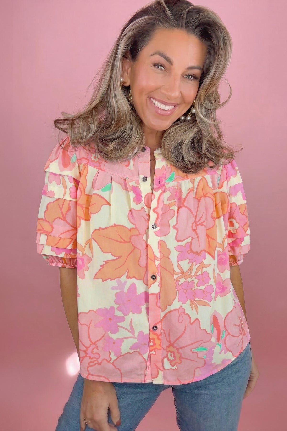 Floral Pintuck Short Sleeve Blouse