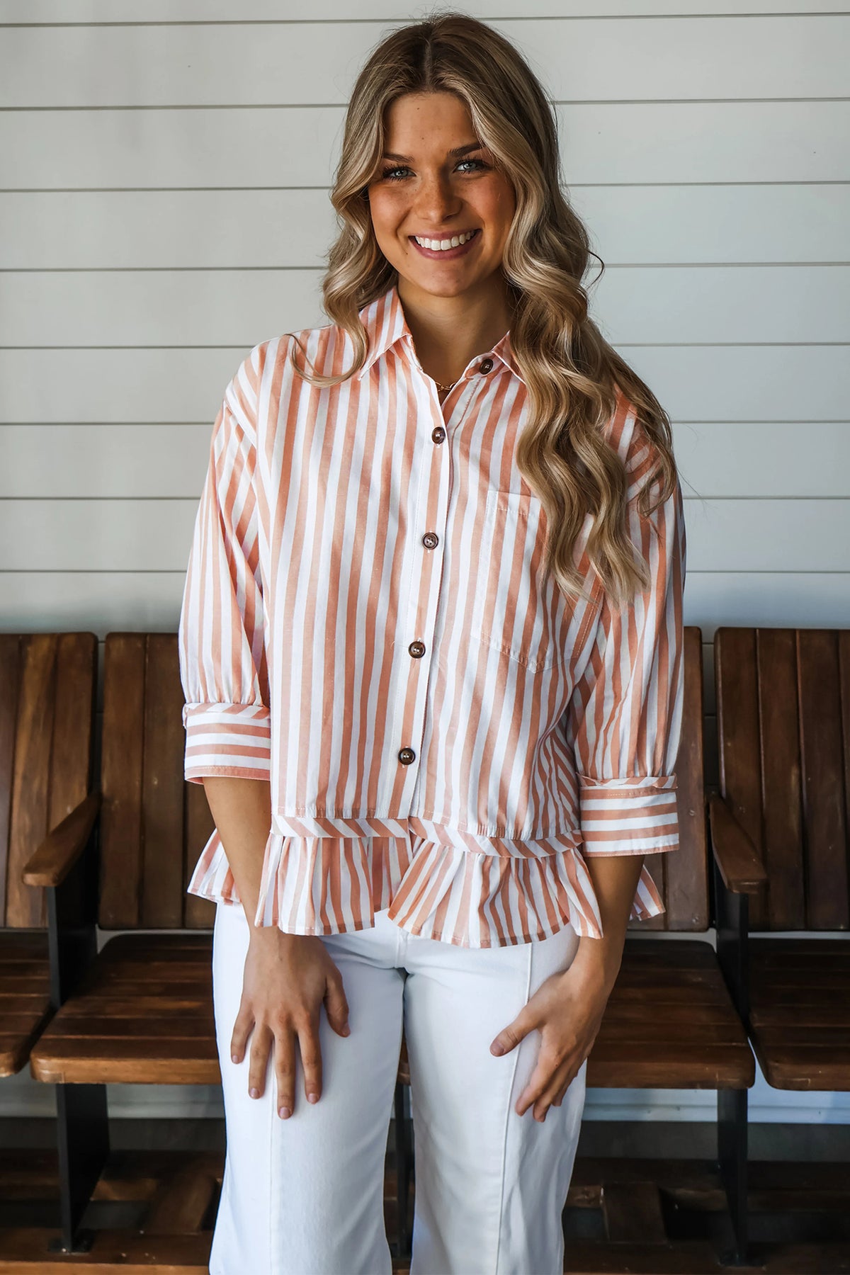 Stripe Collar Ruffle Hem Blouse