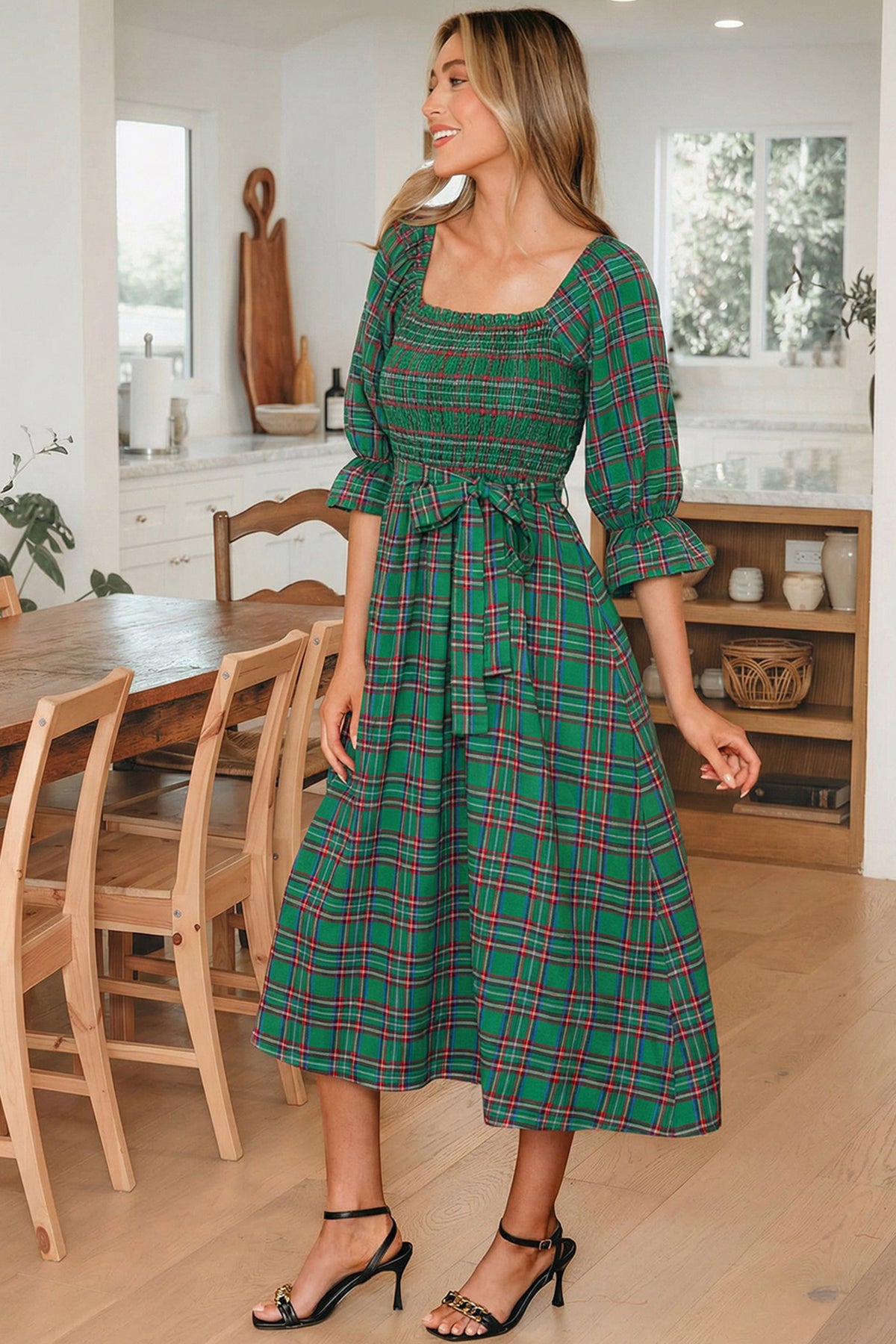 Puff Sleeve Flared Midi Dress