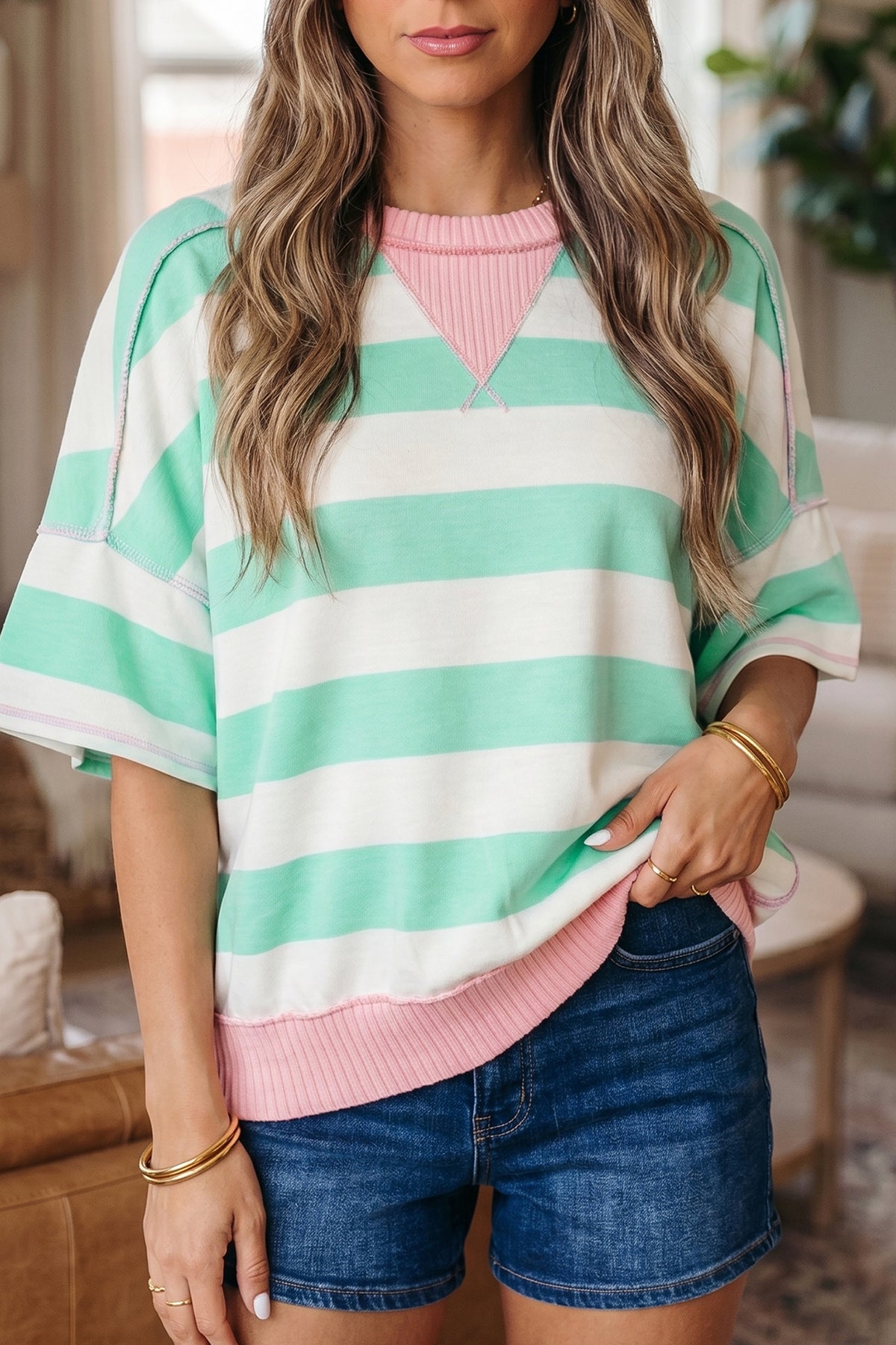 Stripe Exposed Seam Oversized Tee