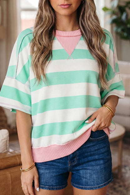 Pink Stripe Exposed Seam Ribbed Patchwork Oversized Tee