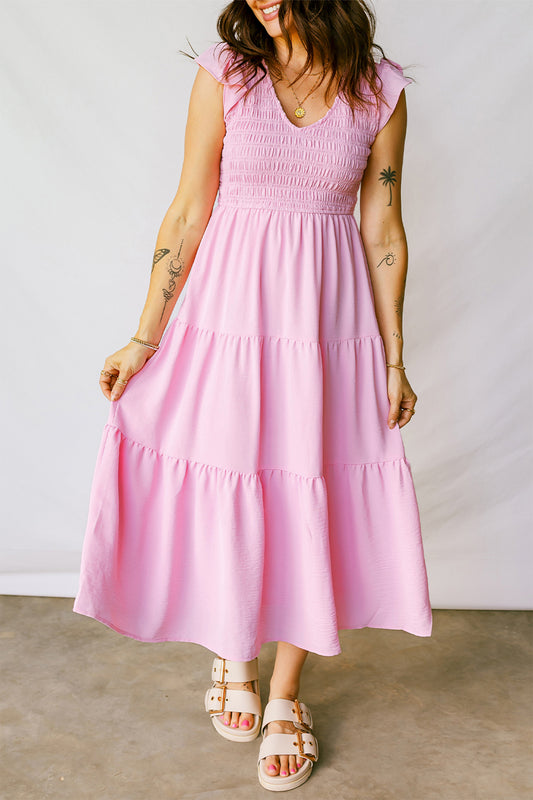 Smocked Bodice Tiered Midi Dress