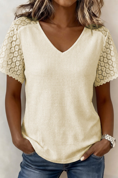 Mint Green Lace Splicing Button Cutout V Neck Waffle Knit Blouse