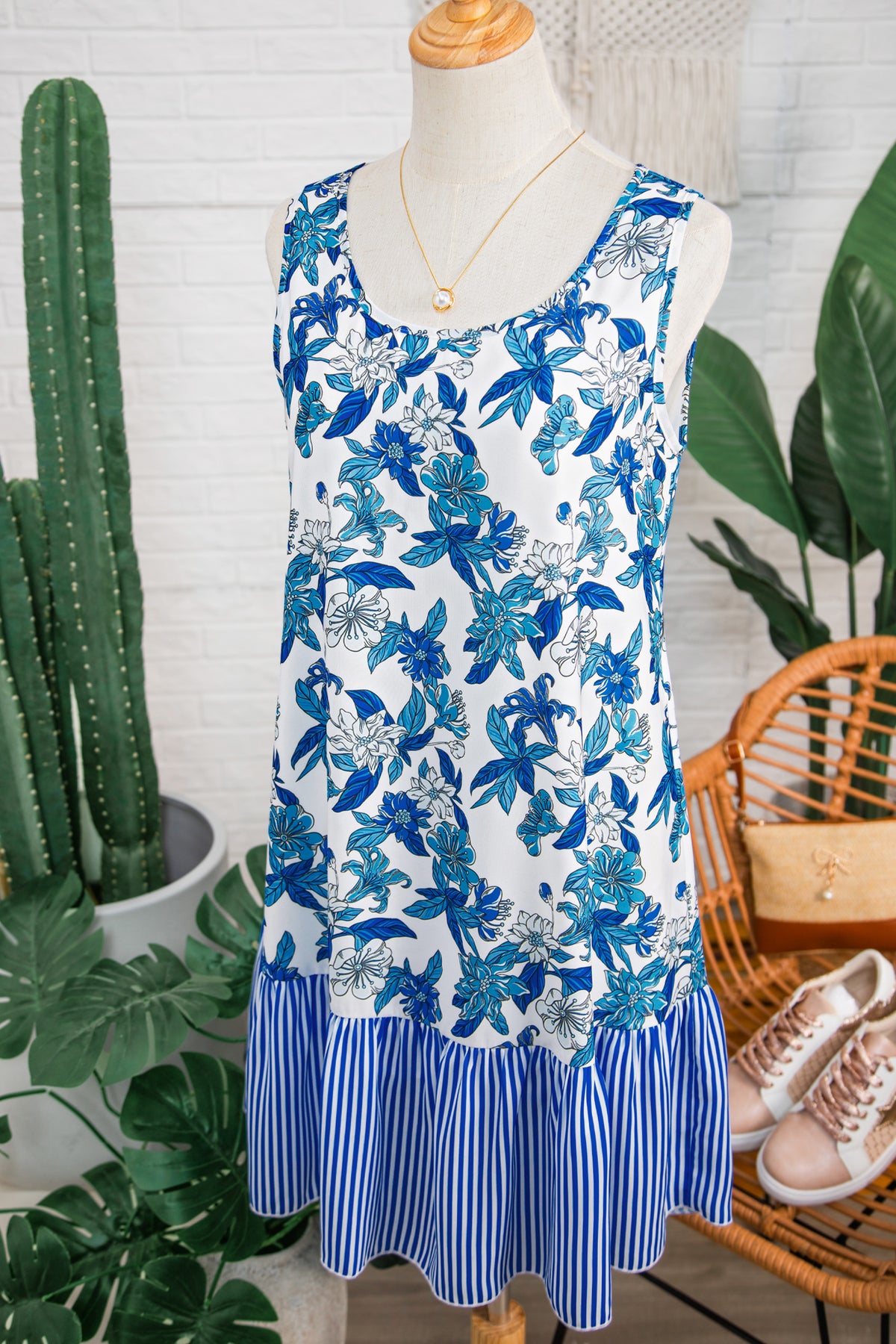 Striped Ruffle Hem Floral Dress