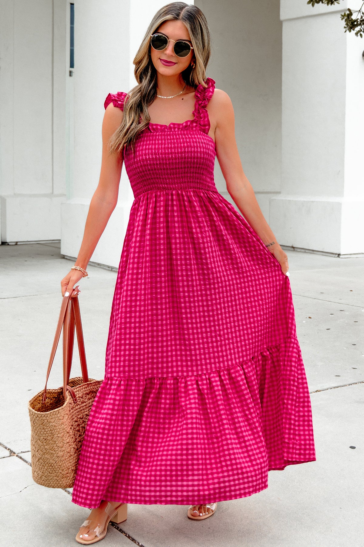 Plaid Square Neck Maxi Dress