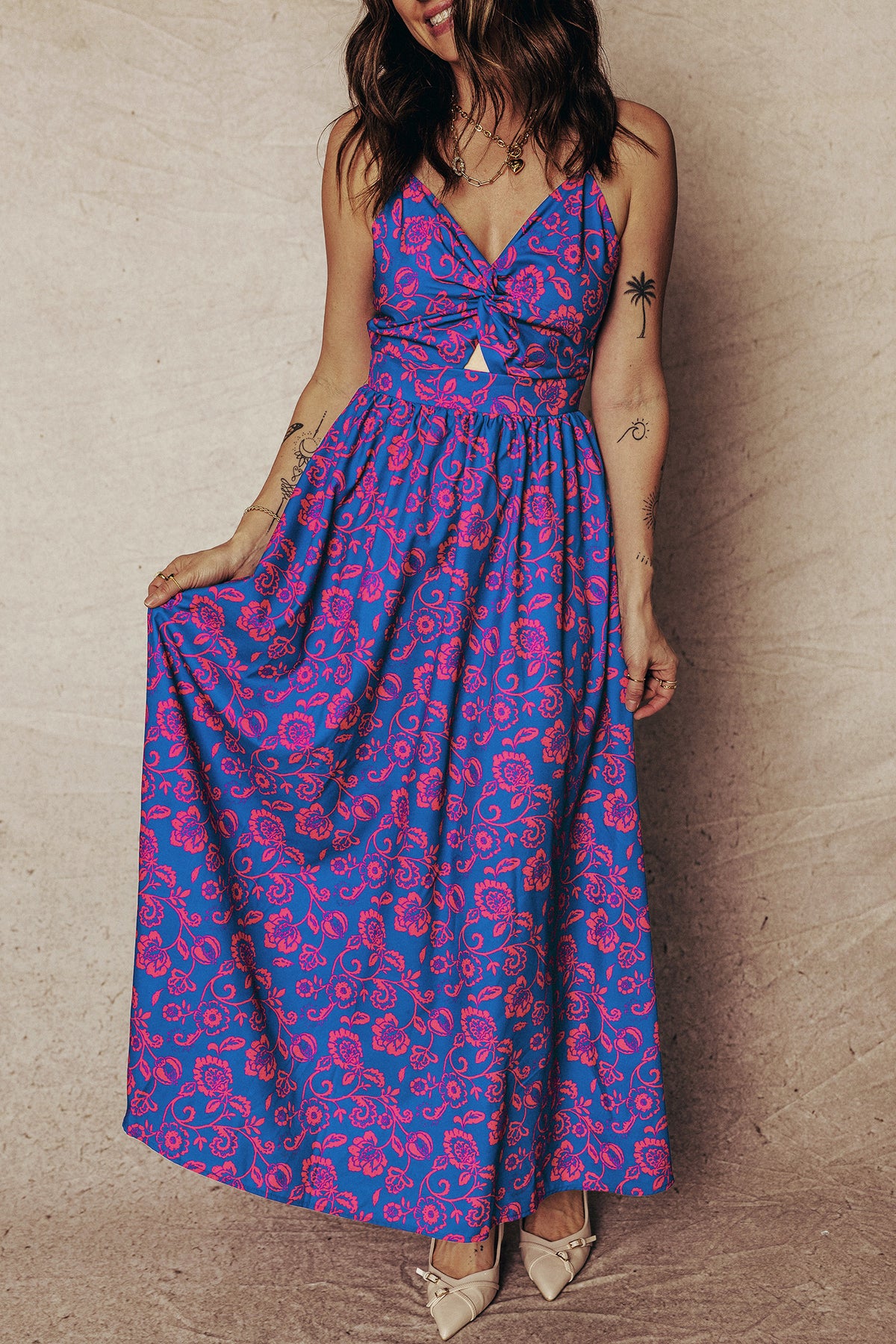 Floral Twisted V-neck Maxi Dress