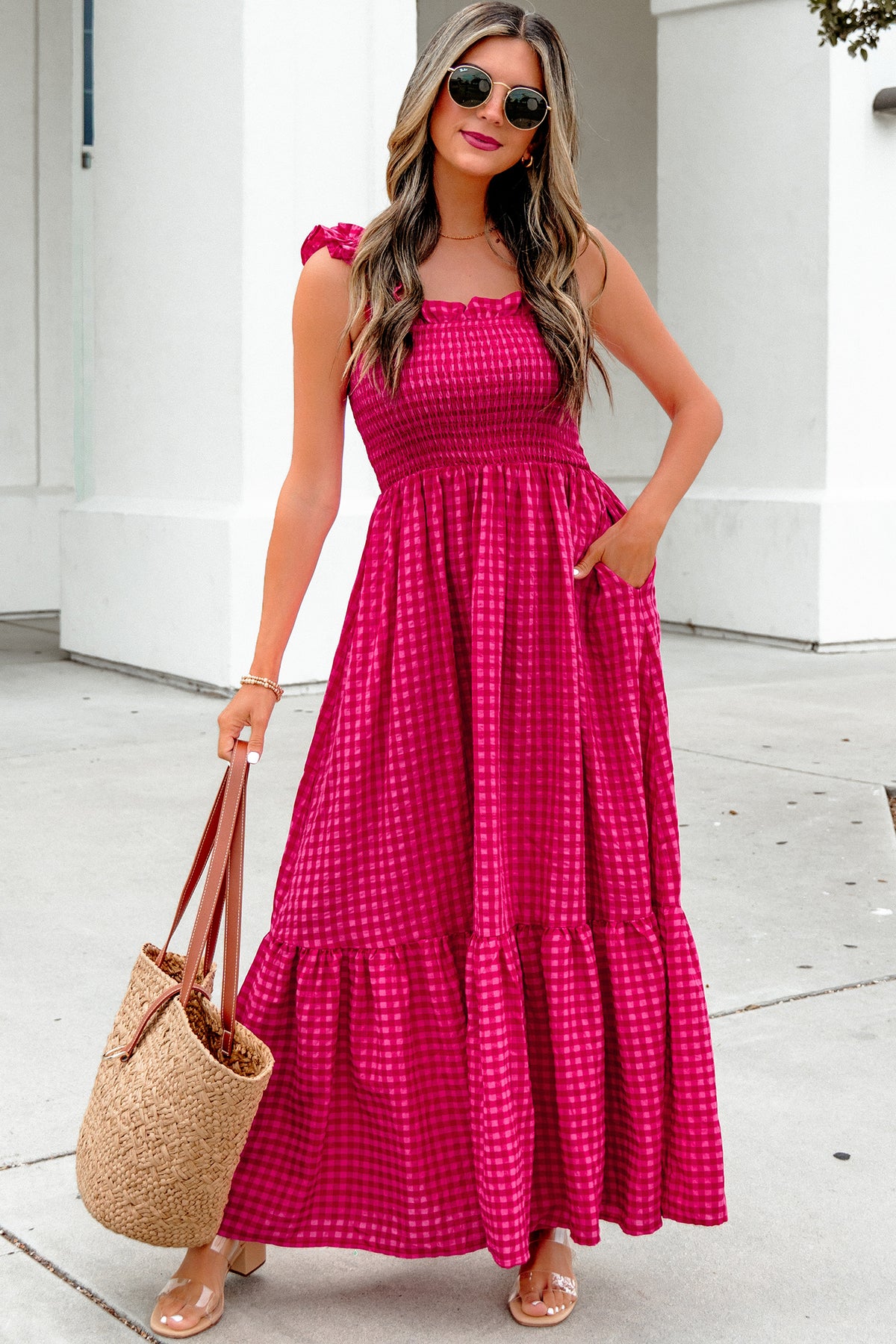 Plaid Square Neck Maxi Dress