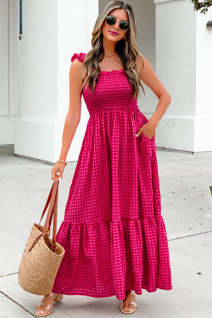 Plaid Square Neck Maxi Dress
