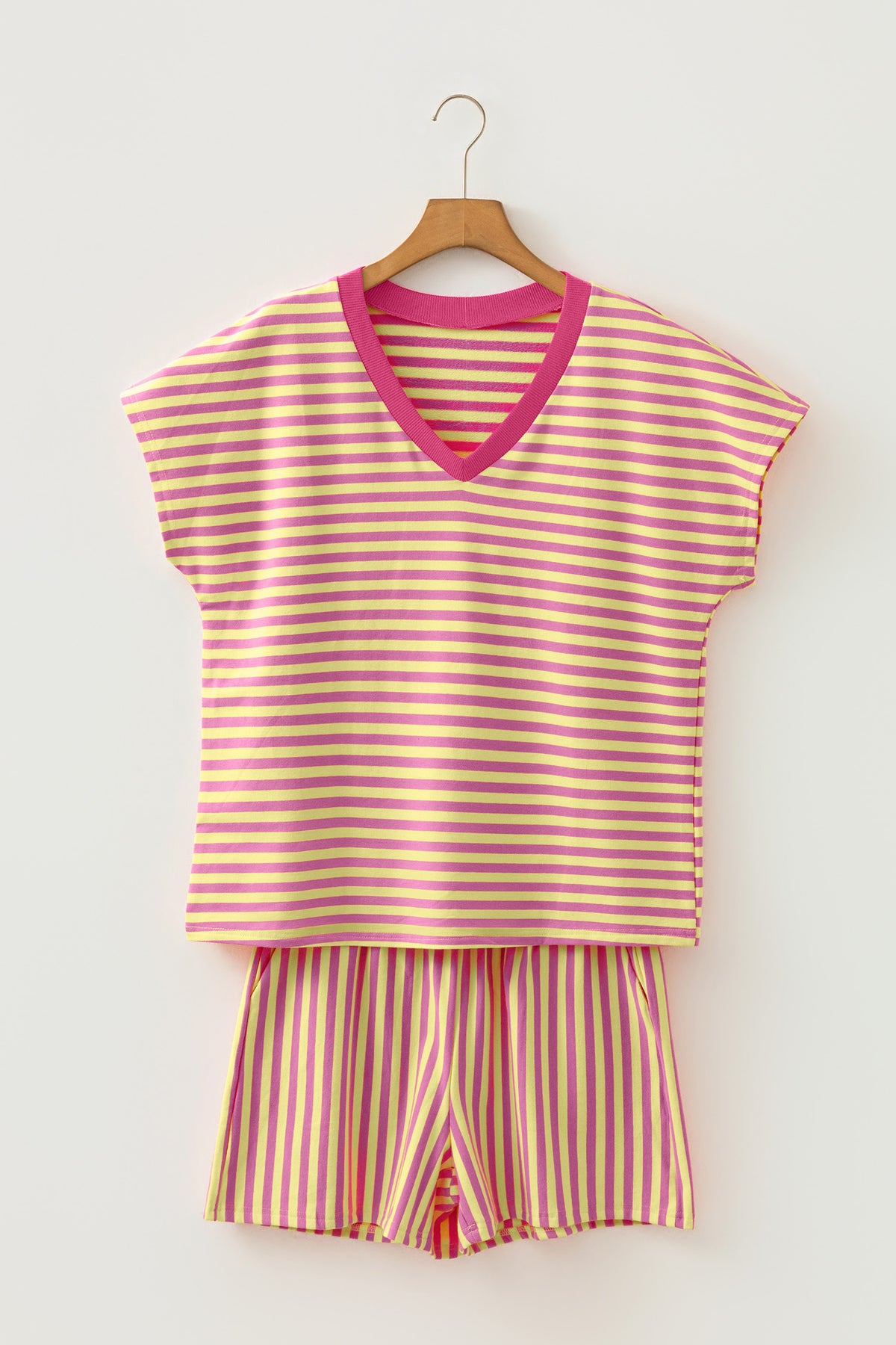 Stripe V-neck Drawstring Short Set