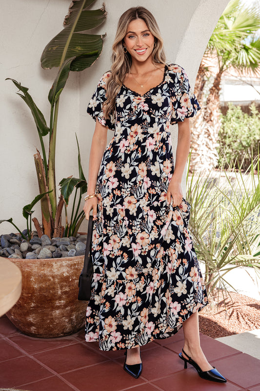 Smocked Detail Maxi Floral Dress