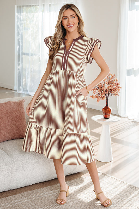 Stripe Ruffled V-neck Midi Dress