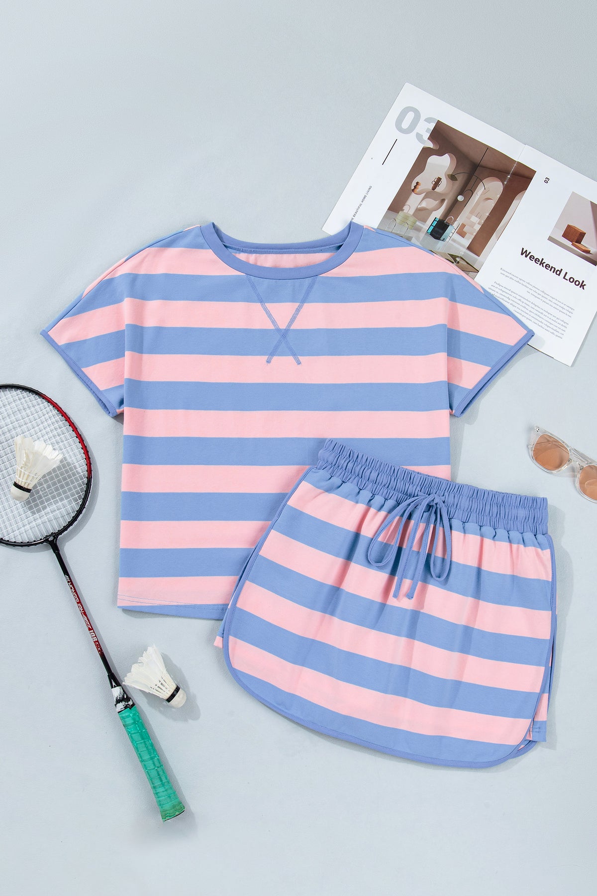 Stripe Dolman Drawstring Two-Piece Set