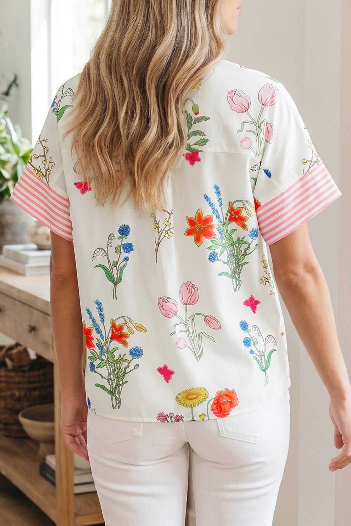 Floral Striped Ruffled Collar Blouse