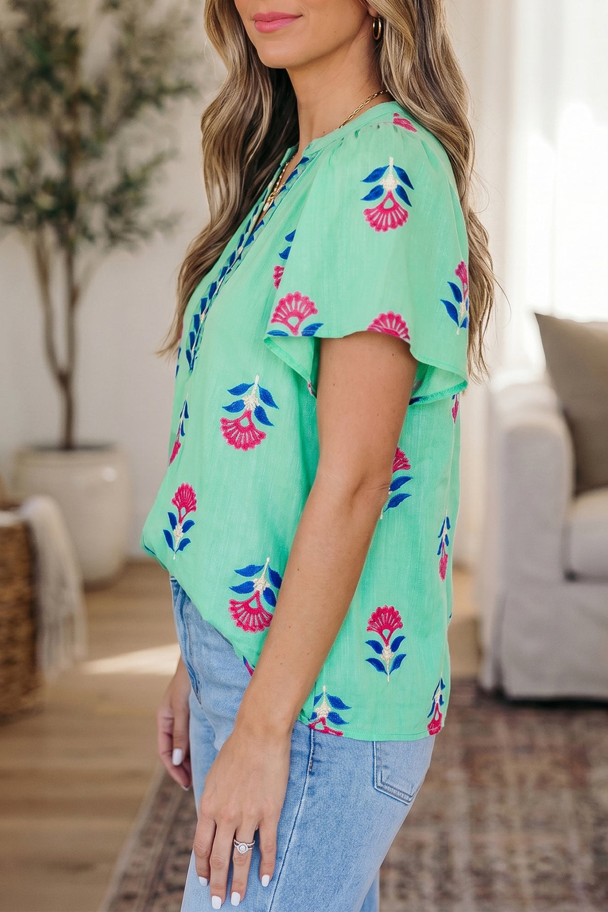Floral V-neck Flutter Sleeve Blouse
