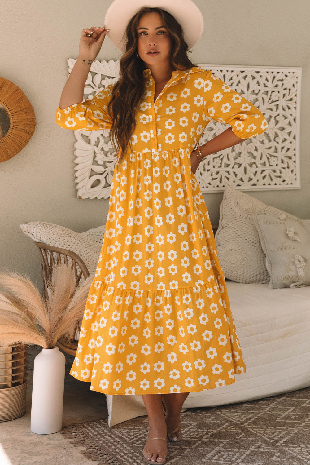 Flower Buttons Collared Maxi Dress