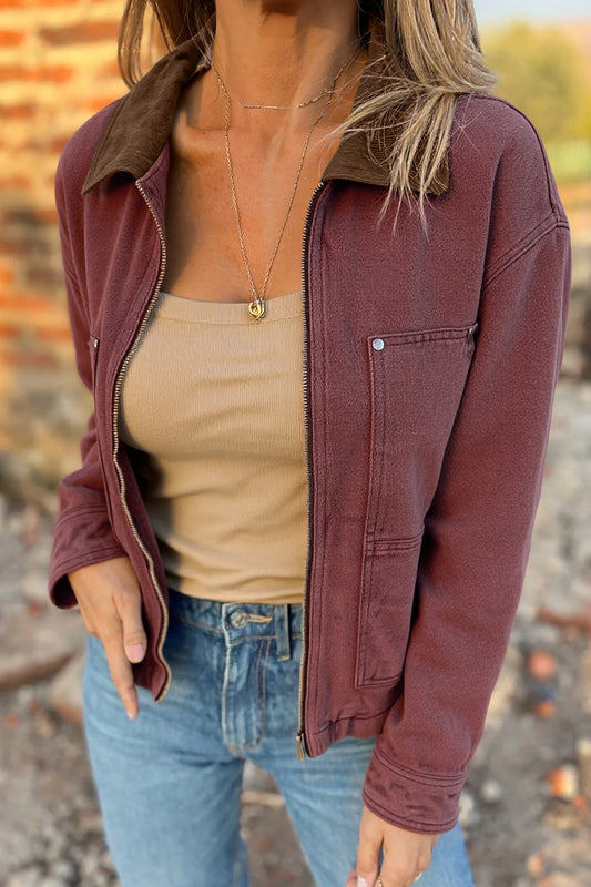 Corduroy Collar Zipped Denim Jackets
