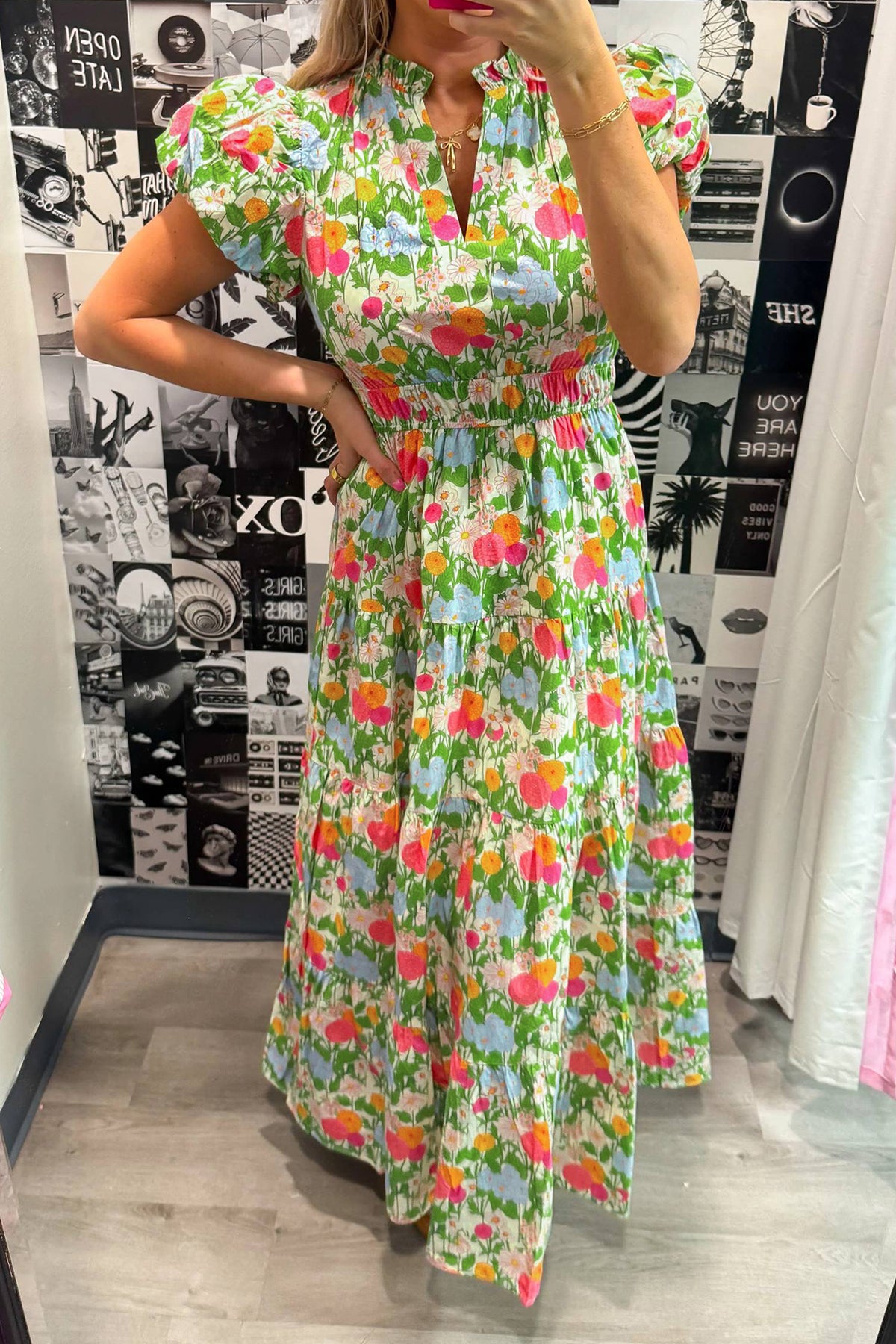 V-neck Puff Sleeve Floral Dress