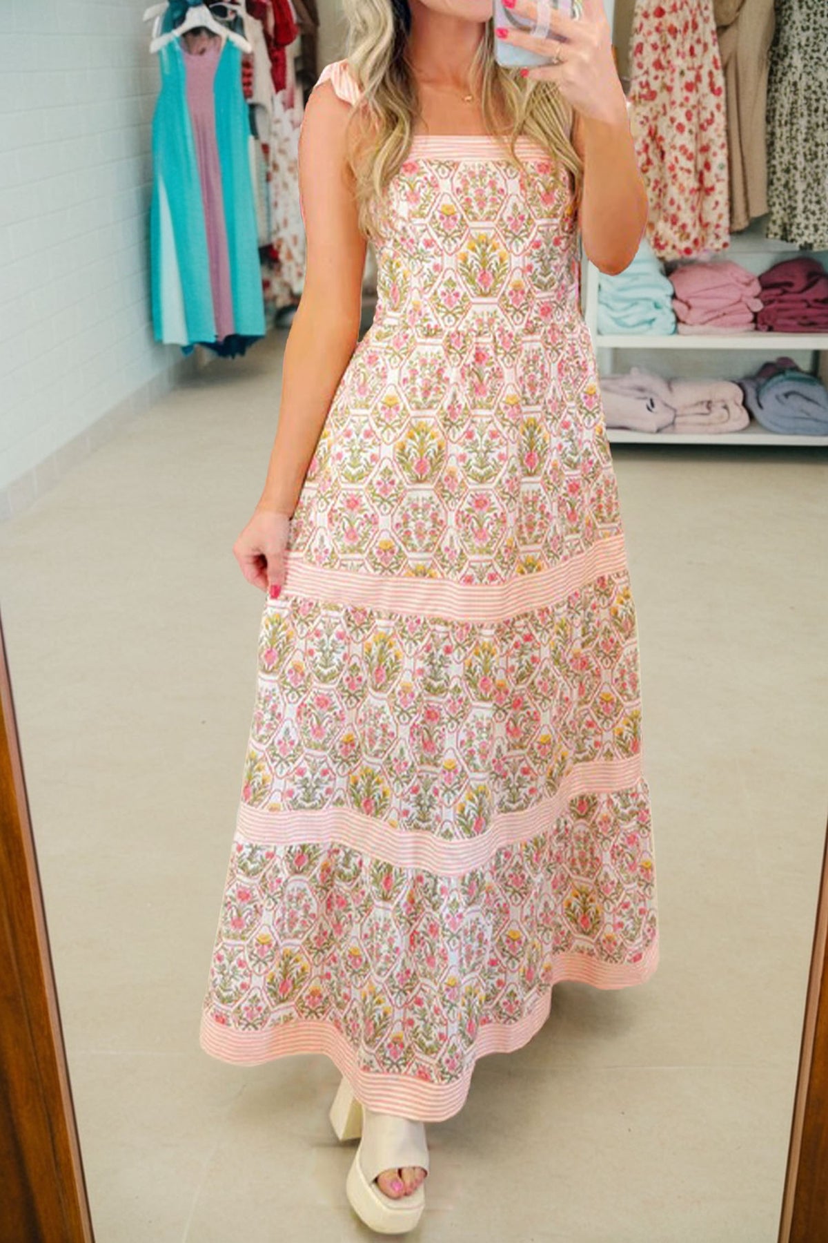 Geometric Striped Sleeveless Floral Dress