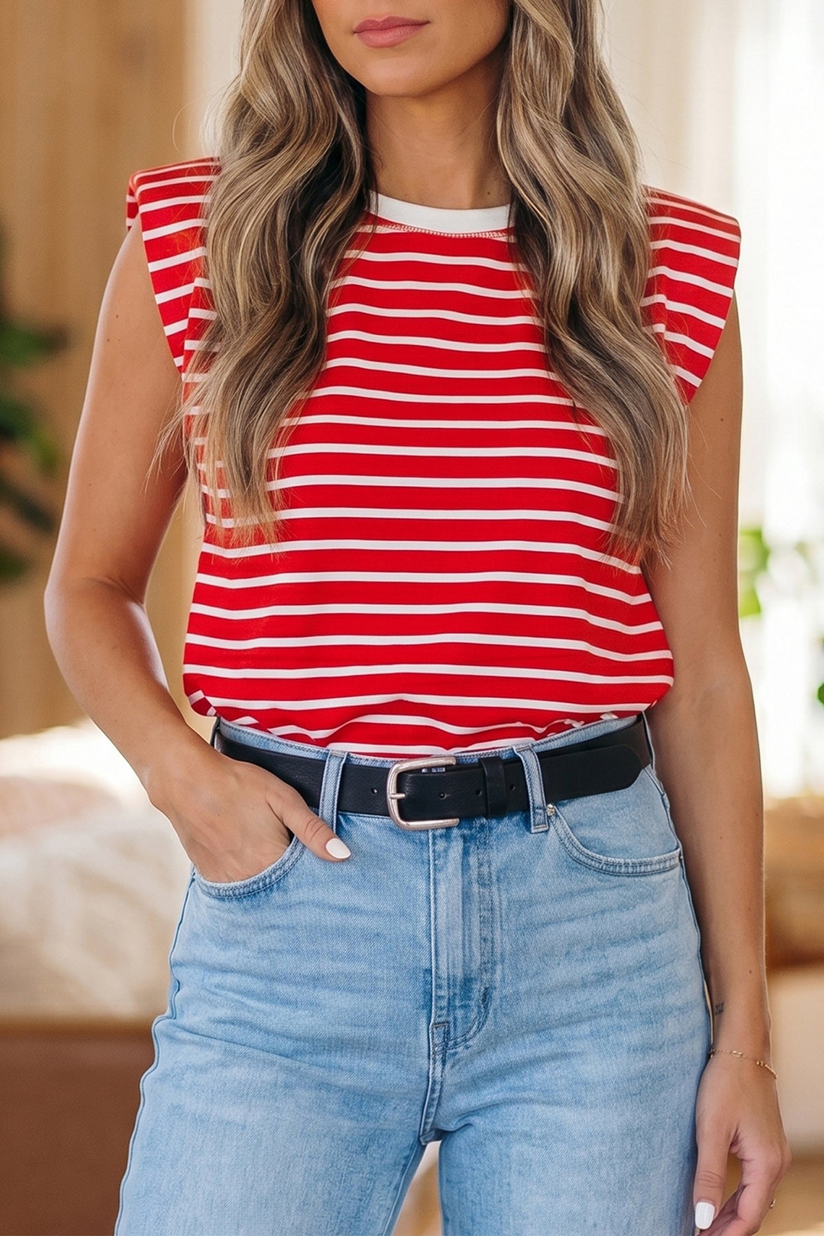 Stripe Ribbed Round Tank Top