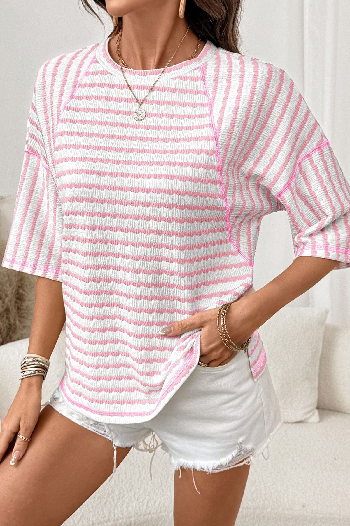 Stripe Textured Knit Split Tee