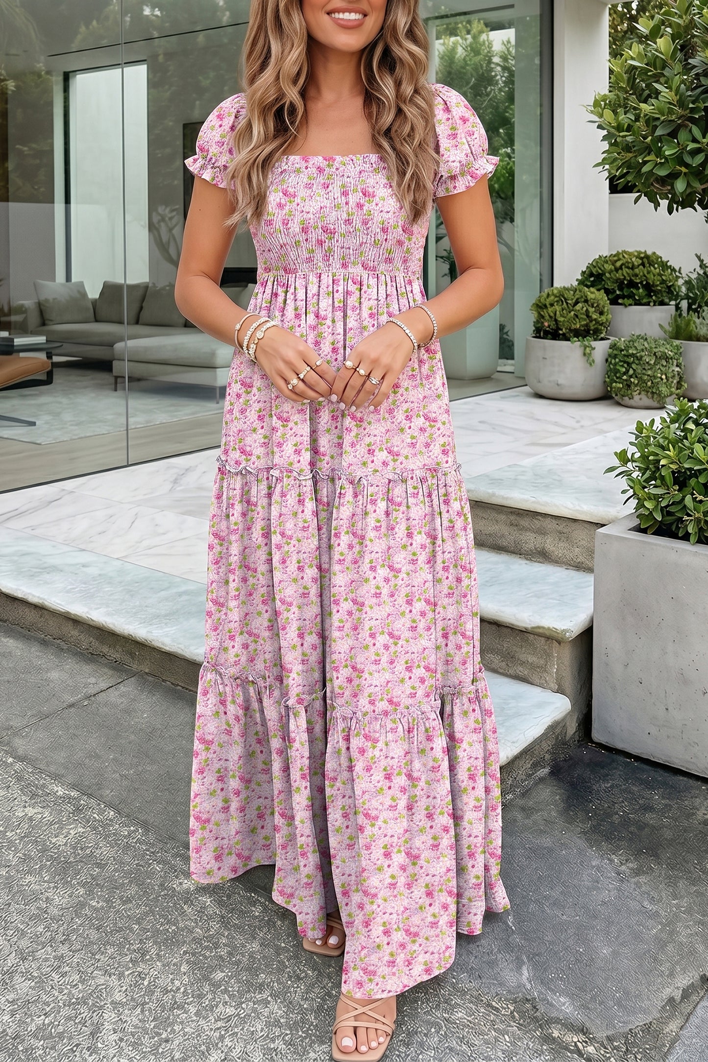 Floral Short Shirred Maxi Dress