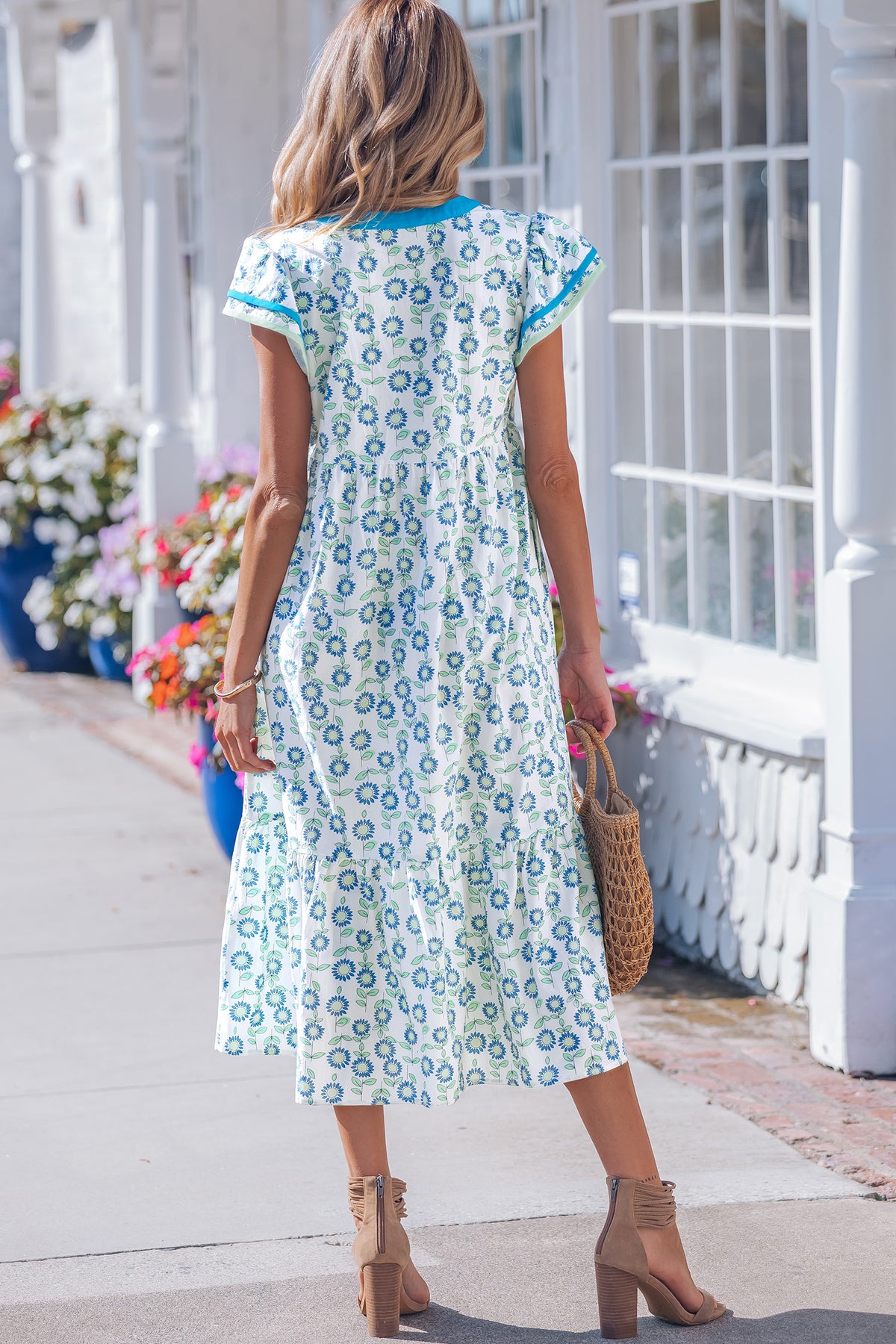 Striped Flutter Sleeve Floral Dress