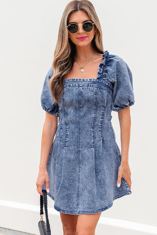 Puff Sleeve Denim Mini Dress