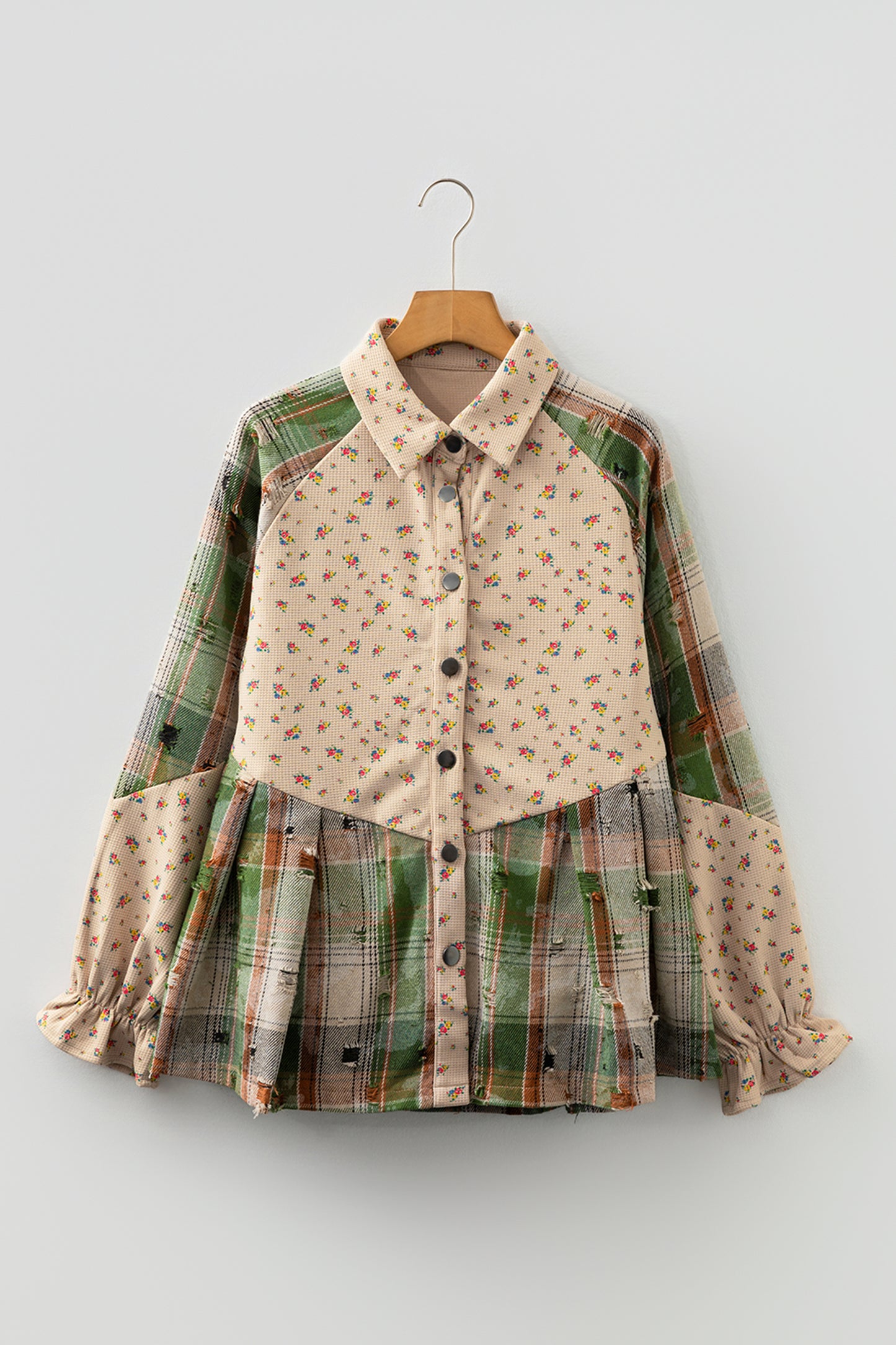 Ashleigh Blue Boho Floral Plaid Patchwork Distressed Detail Ruffled Sleeve Waffle Knit Shacket