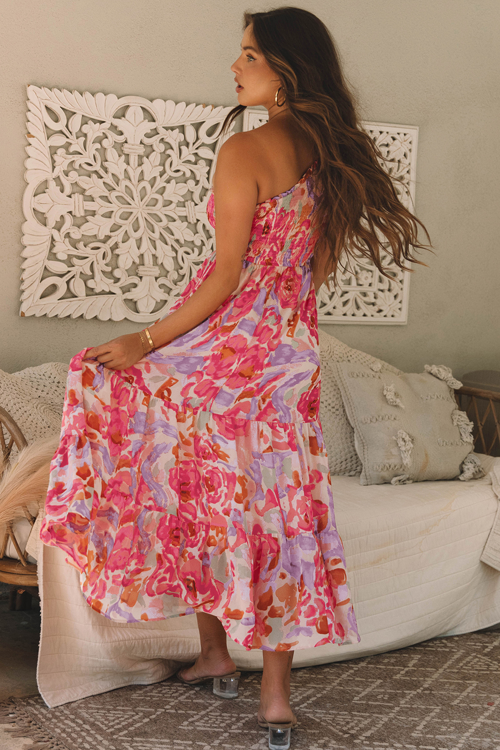 Abstract Shirred Maxi Floral Dress