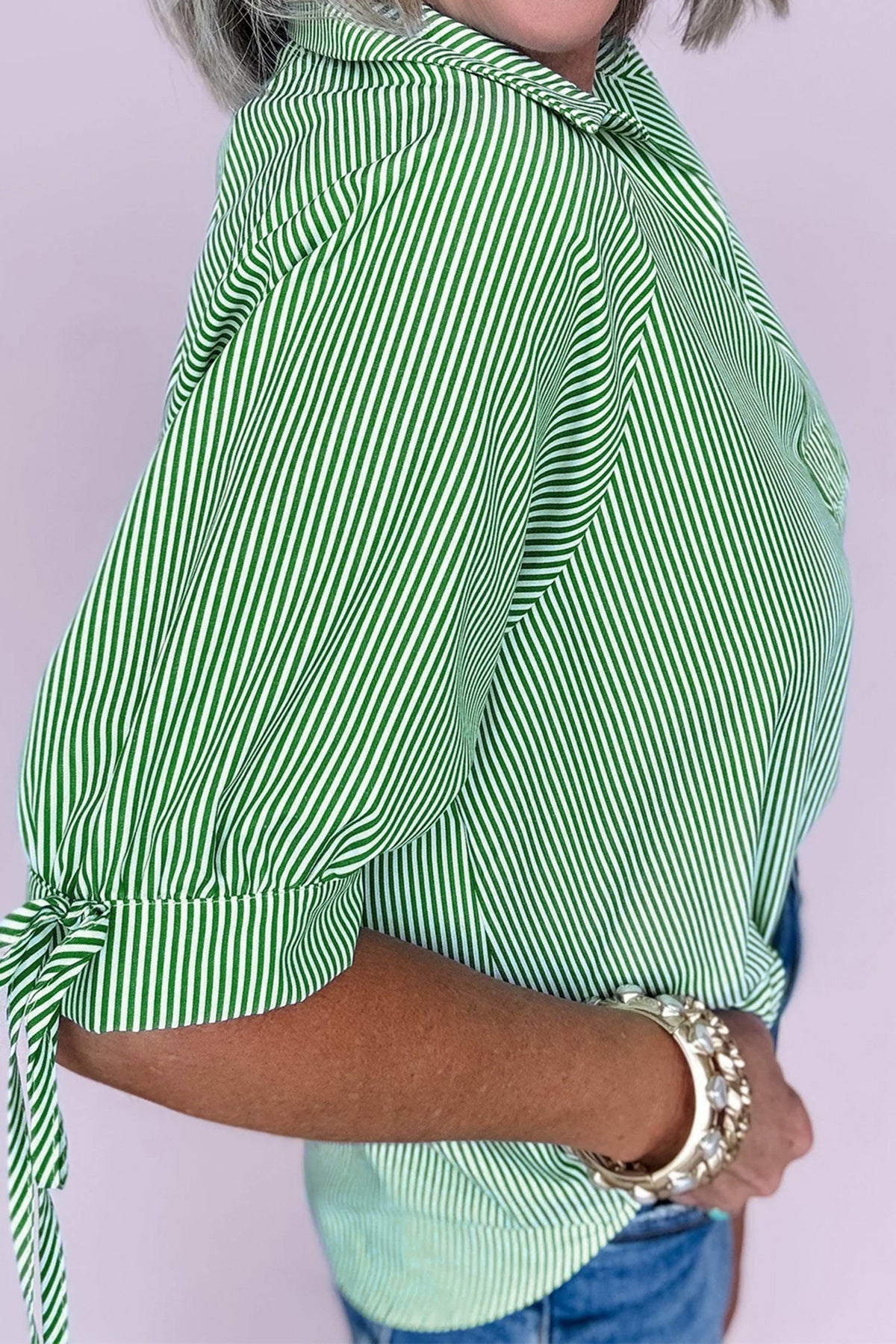 Striped Collared Split Neck Blouse