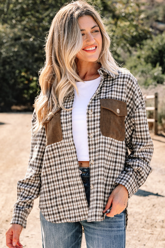 Casual Corduroy Flap Plaid Shackets