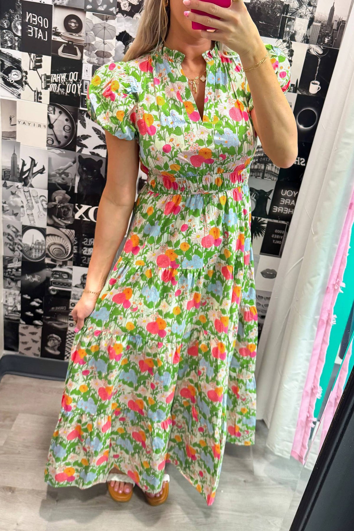 V-neck Puff Sleeve Floral Dress