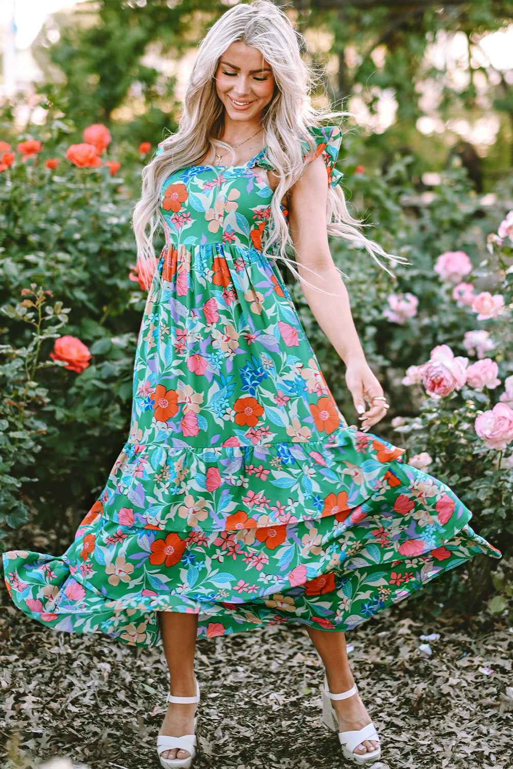 Sleeveless Ruffle Tiered Floral Dress