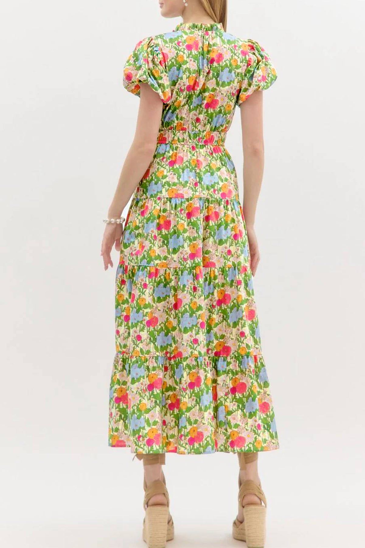 V-neck Puff Sleeve Floral Dress