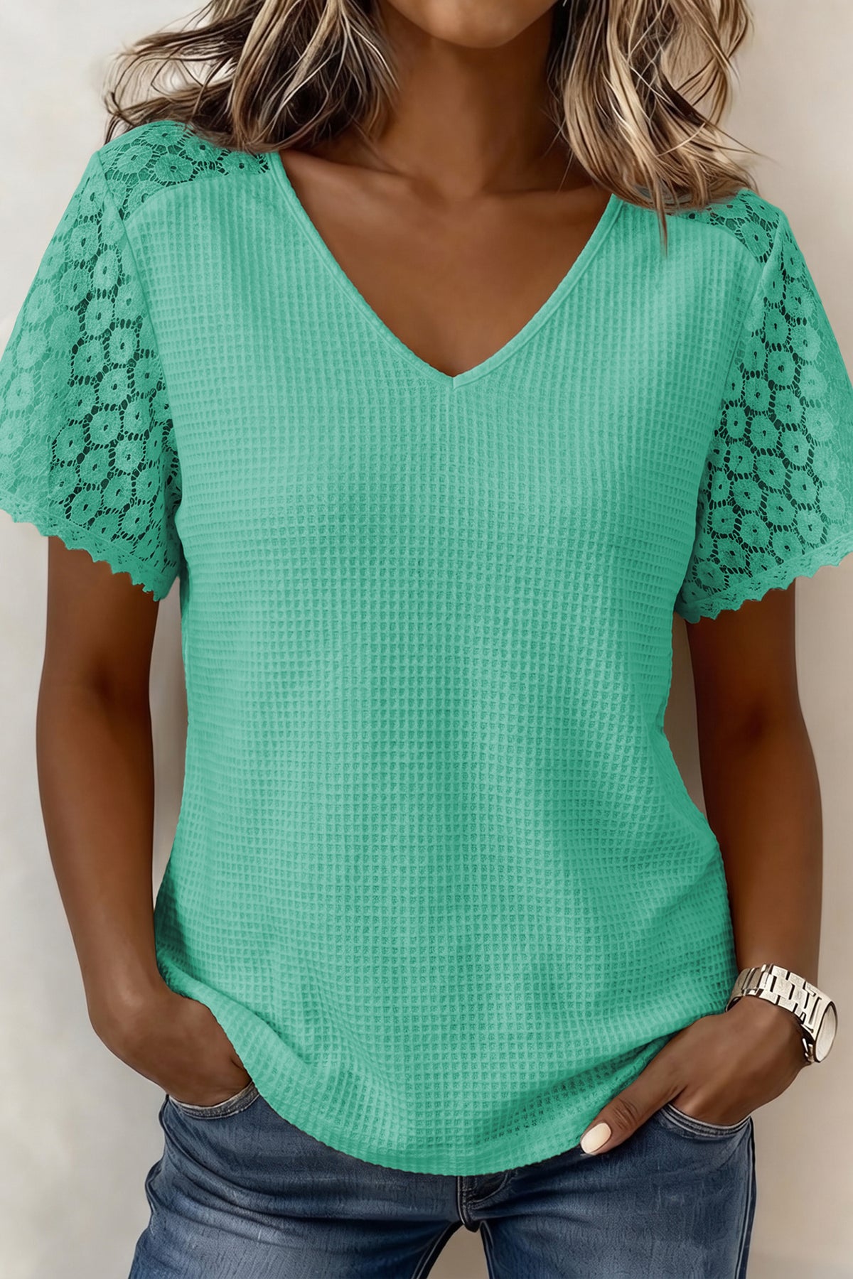 Lace Splicing Button V-neck Blouse