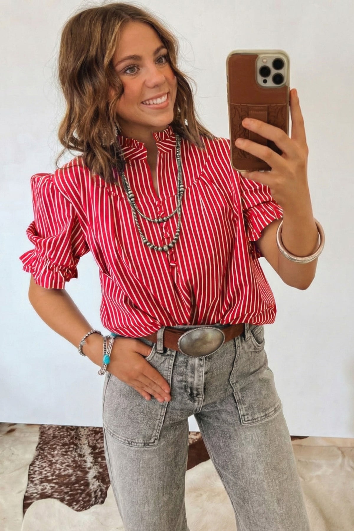 Stripe Ruffled Puff Sleeve Blouse