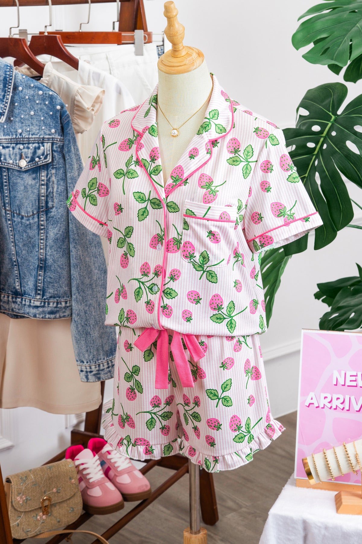 Striped Lapel Drawstring Pajama Set
