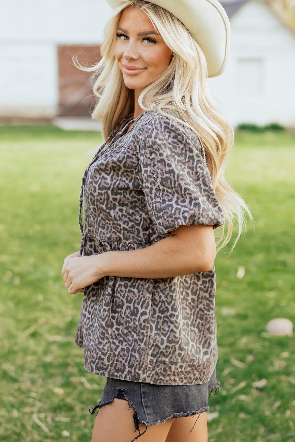 Leopard Puff Sleeve Denim Tee