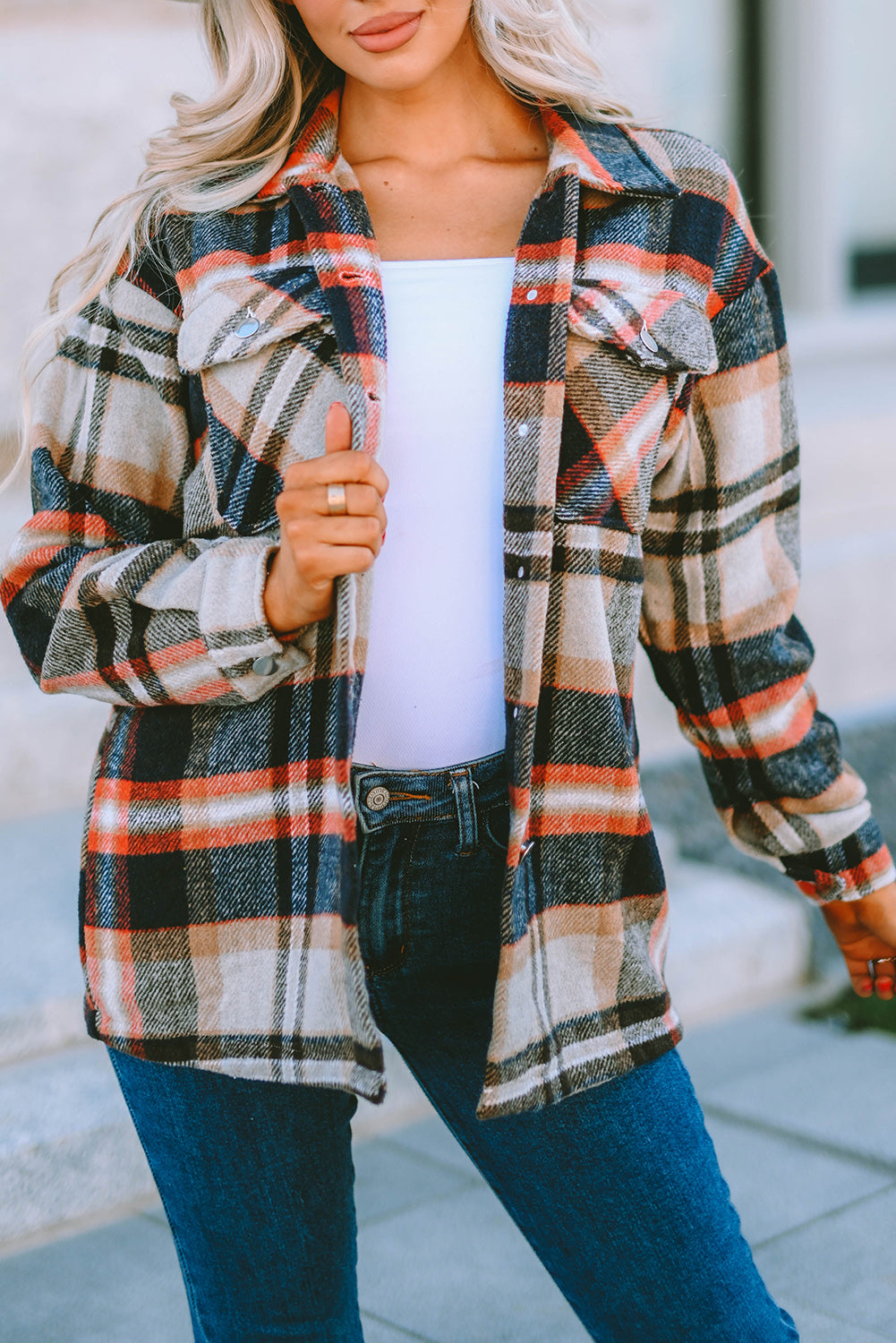 Fiery Geometric Pocketed Plaid Shackets