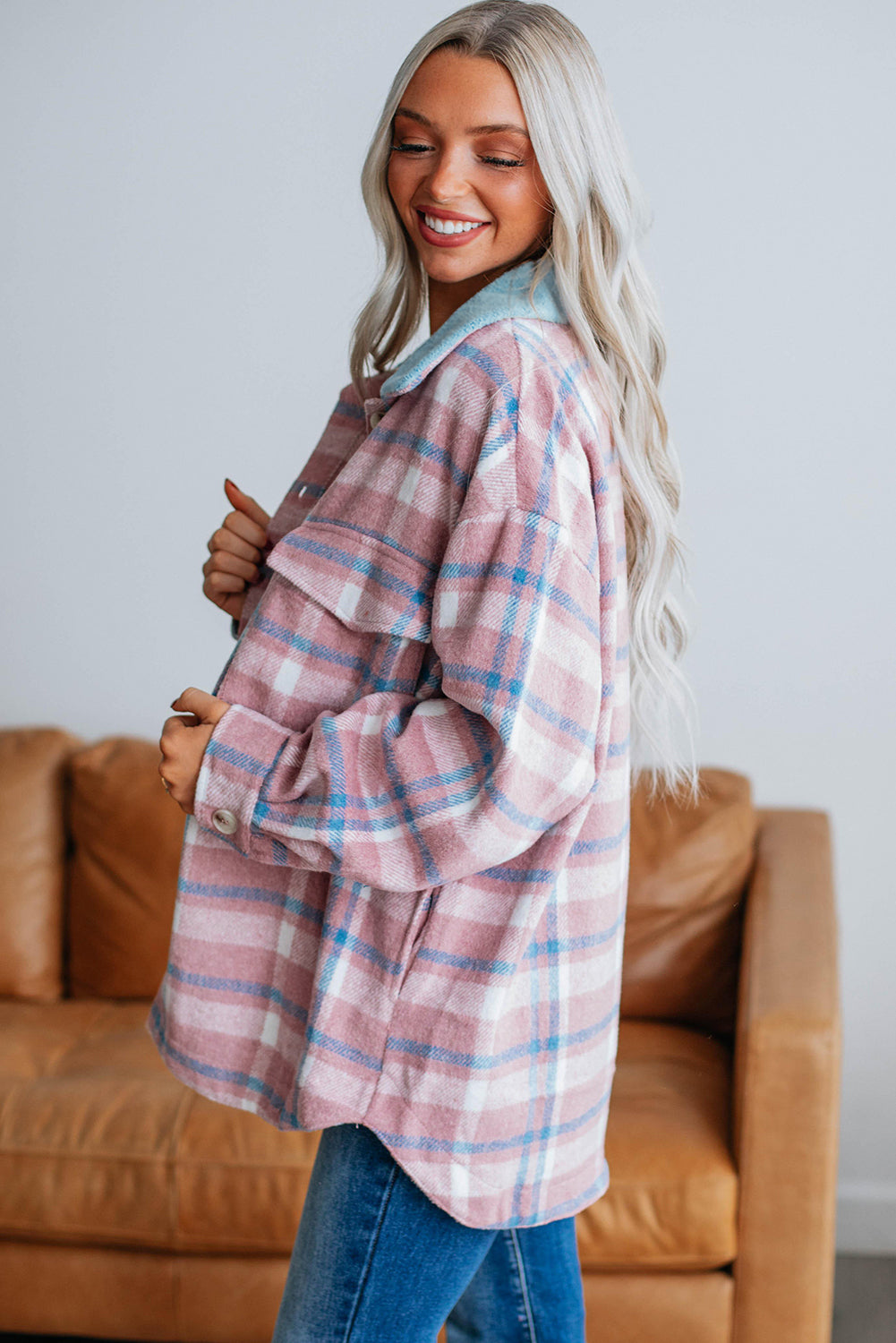 Color Block Collared Plaid Shackets