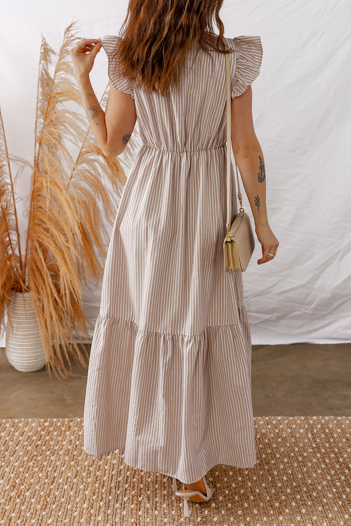Stripe Flutter Sleeve Maxi Dress