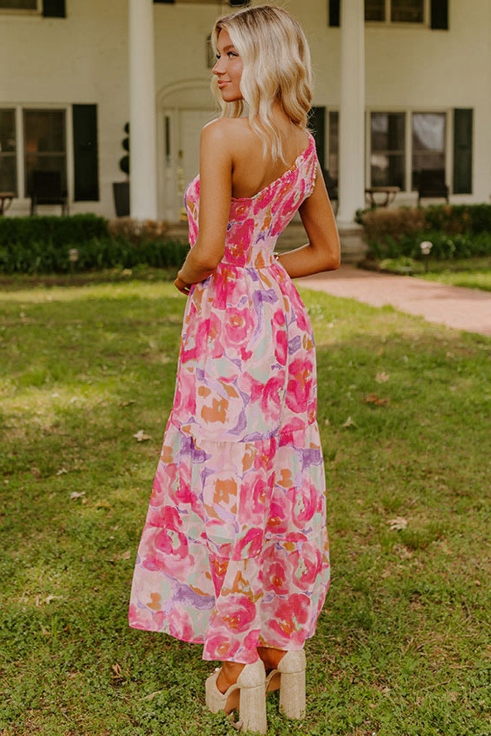 Abstract Shirred Maxi Floral Dress