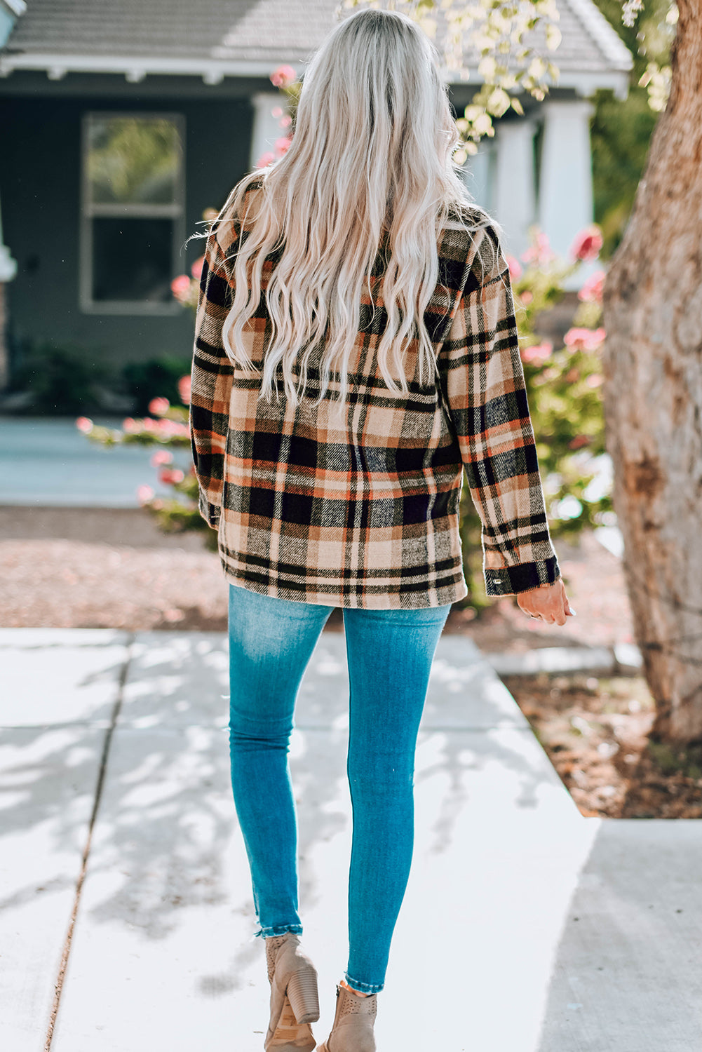 Fiery Geometric Pocketed Plaid Shackets