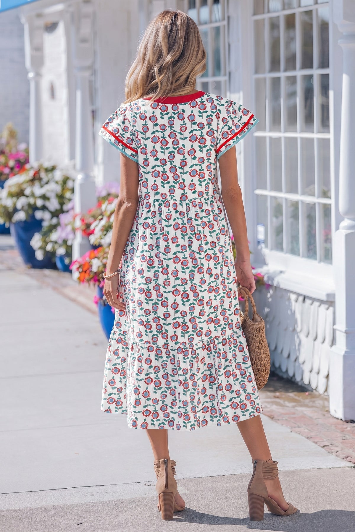 Striped Flutter Sleeve Floral Dress