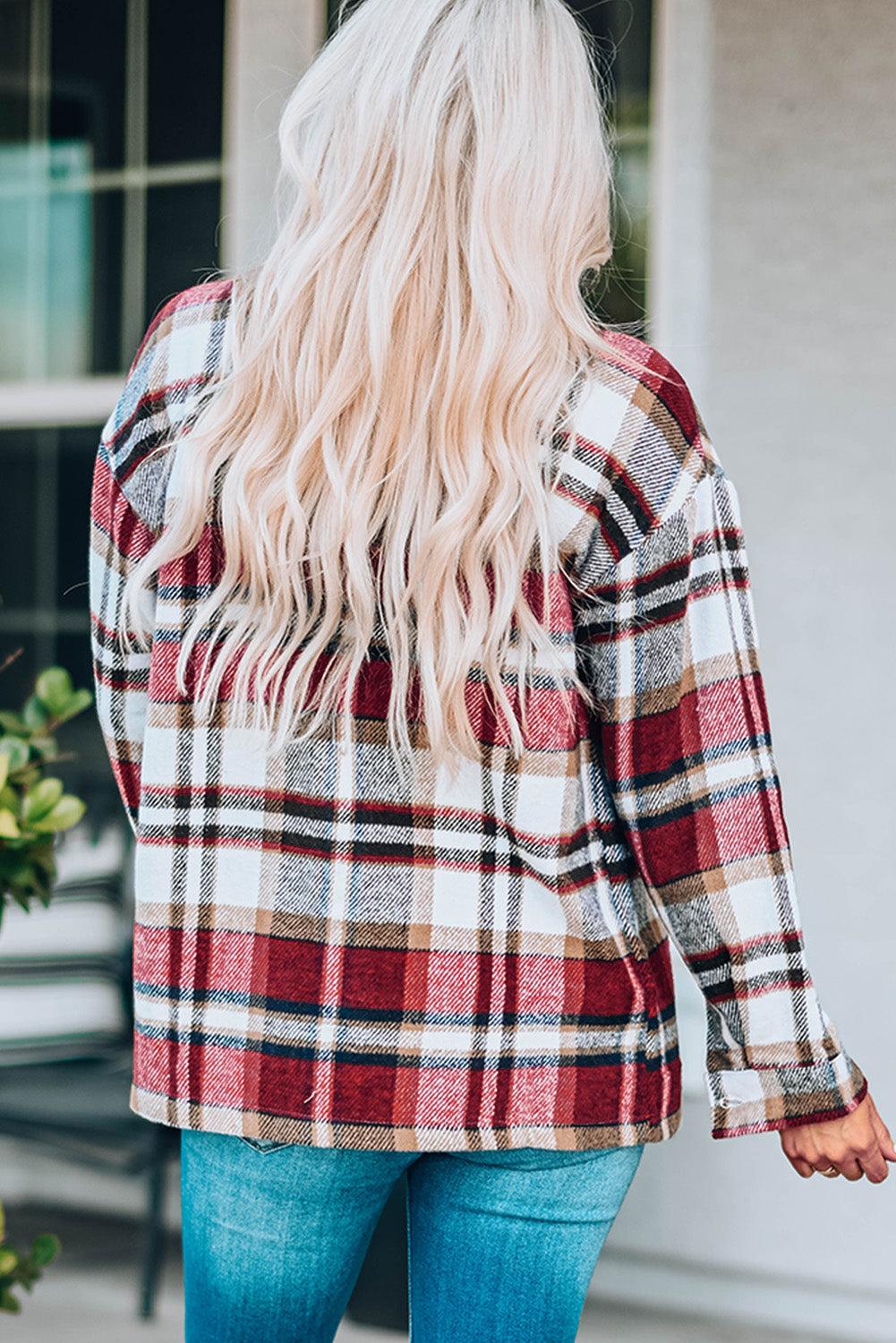 Fiery Geometric Pocketed Plaid Shackets