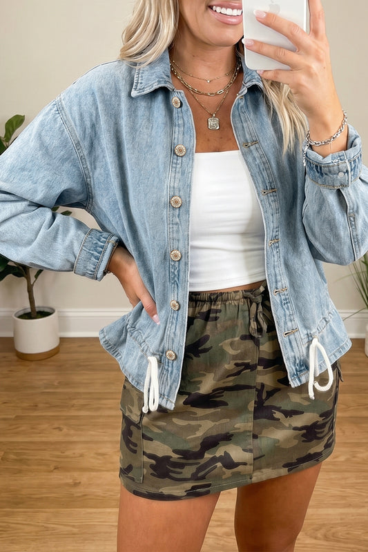 Draw-cord Hem Wash Denim Jackets