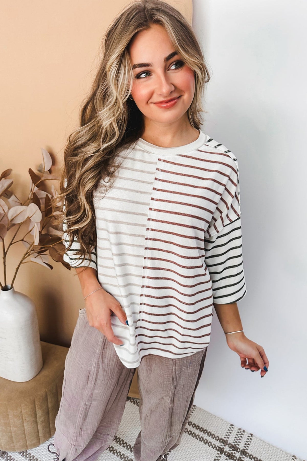 Stripe Colorblock Sleeve Shirt Tee