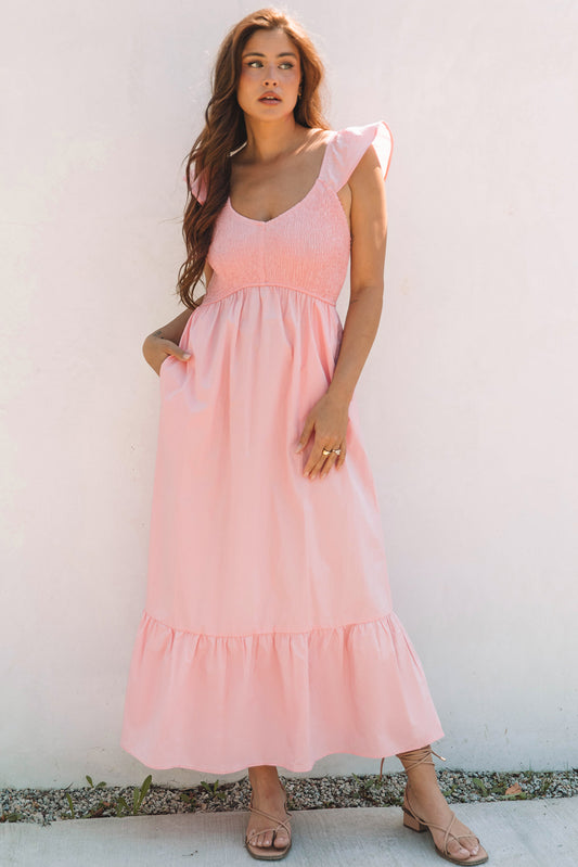 V-neck Smocked Ruffle Maxi Dress