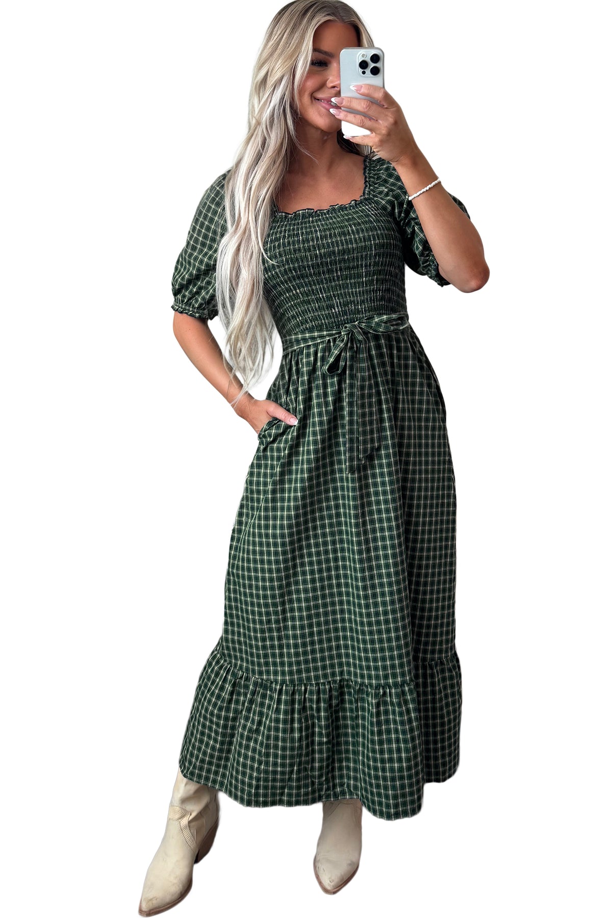 Shirred Ruffle Hem Maxi Dress