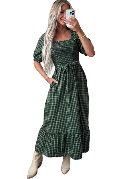 Shirred Ruffle Hem Maxi Dress